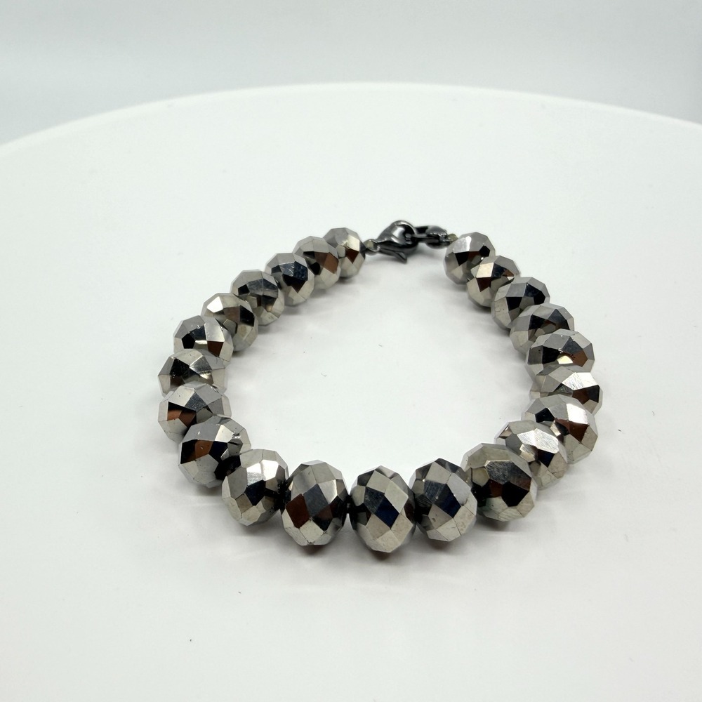 VTG Y2K Metallic Hematite Tone Faceted Glass Bead Strand Bracelet Gunmetal Boho
